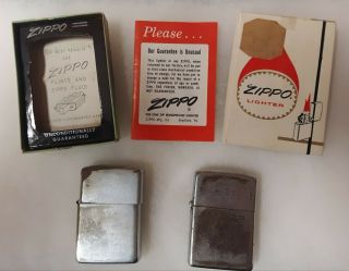 2 Vintage Zippo Lighters & Old Zippo Lighter Box - Lancaster O.  Advertising