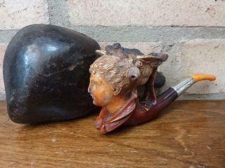 A Antique Meerschaum Carved Lady Pipe With Case Silver Ferrule C.  1895