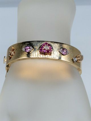 Antique $7k 3ct Pink Sapphire Ruby Diamond 14k Gold Platinum Bangle Bracelet 36g
