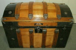 Antique Steamer Trunk Vintage Victorian Dome Top Wooden Brides Chest Tray&key