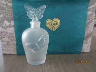 Vintage Frosted Glass Perfume Bottle With Butterfly Stopper,  H 6 1/2 "