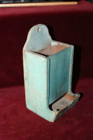 Antique Primitive Hanging Wooden Match Box/holder In Old Robins Egg Blue Paint