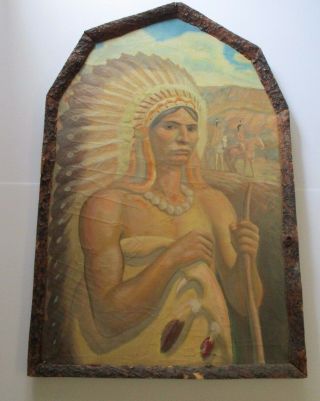 Antique Native American Indian Painting Chief Art Deco Wpa Era Large 1920 