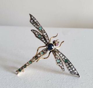 Antique Victorian Dragonfly 14kt Brooch Pin Old Mine Rose Cut Diamonds Gemstones