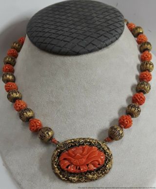 Antique Chinese Late Qing Carved Ox Blood Red Coral Pendant Bead Gilt Necklace