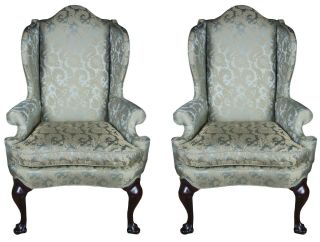 2 Antique Queen Anne Mahogany Wingback Arm Chairs Chippendale Damask Fabric
