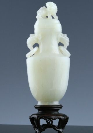 Very Fine & Rare 18thc Chinese Qianlong White Jade Lidded Dragon Handled Vase