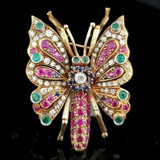 Antique Old Cut Diamond Ruby Emerald Sapphire Butterfly Brooch Pin 18k Gold Gift