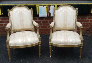 Fine Pair Antique 19th Century French Louis Xvi Carved Gilt Fauteuil Armchairs