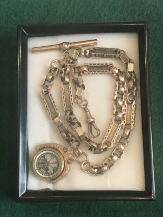 9ct Gold Albert Chain Fancy Link 29.  1g Antique Victorian With Swivel Compass Fob
