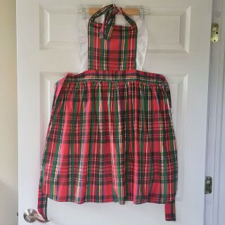 Vintage 1980s Red And Green Plaid Full Bib Apron With White Ruffles