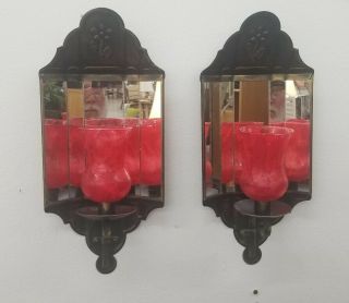 Vintage Set Of 2 Metal Wall Sconce Candle Holder W 5 Mirrors & Globes