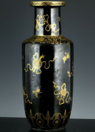 C1700 Chinese Mirror Black Glaze Gold Gilt Porcelain Rouleau Vase Kangxi Period