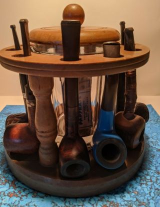Vintage Wood Tobacco Smoking Pipe Stand With Humidor & 6 Pipes