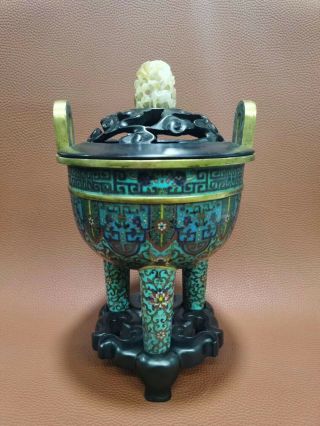 Antique Chinese Cloisonne Incense Burner With Wood Lid And Stand