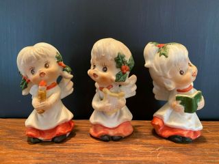 Set Of 3 Vintage Porcelain Christmas Angels Blonde Holding Harp,  Book,  Candle