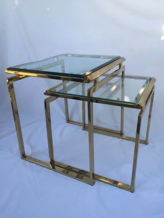 1970s Vintage Milo Baughman Brass And Beveled Glass Nesting Tables - A Pair