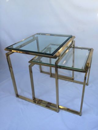 1970s Vintage Milo Baughman Brass and Beveled Glass Nesting Tables - A Pair 2