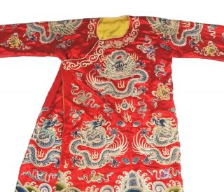 Chinese Qing Dynasty Embroidered Red Silk Dragon Imperial Court Robe Rare 19th C 2