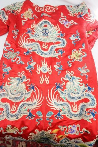 Chinese Qing Dynasty Embroidered Red Silk Dragon Imperial Court Robe Rare 19th C 3