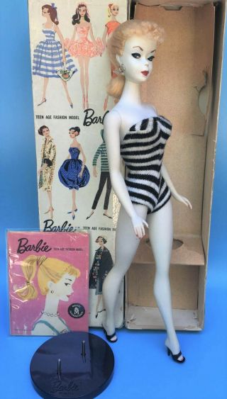 Vintage 1 Blonde Ponytail Barbie Doll With Tubes In The Feet Tm Box & Booklet