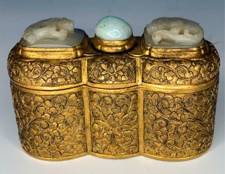 Chinese Mid Qing Period Gilt Bronze Box With Jade Dragon Mounted On Top