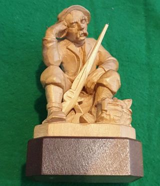 Swiss Wood Carving Hunter With Dog Figurine Vintage
