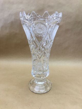 Vintage Heavy Clear Crystal Glass Footed Vase Floral Pattern 12 " Tall