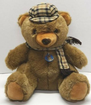 14 " Vintage 1984 Dakin Arthur Plush Stuffed Teddy Bear W/tartan Plaid Hat,  Scarf
