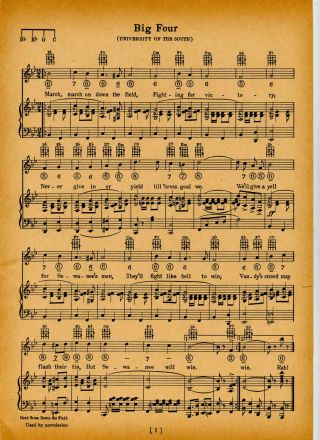 Vtg.  University Of The South Song Sheet - " Big Four " C 1929 - Sewanee Tennessee