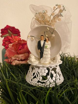 Antique Wedding Cake Topper Vintage Sweet Brunette Couple Flowers Tulle & Bell