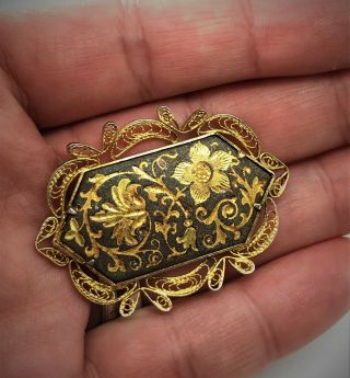 Vintage Spanish Damascene Brooch / Pin - Gold Foil Floral Design Oxidized Metal