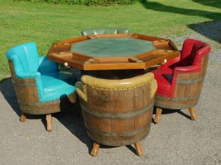 Mid Century Modern Oak Whiskey Barrel Flip Top Poker Table 4 Swivel Chairs