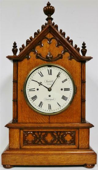 Antique English Oak Cathedral Design Triple Fusee 8 Bell Musical Bracket Clock