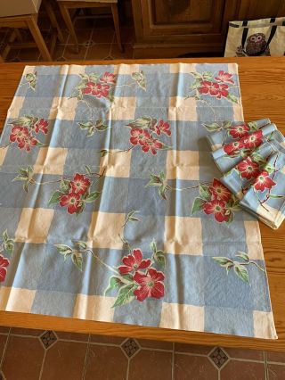 Vintage 50s Tablecloth Blue Checked Pattern & Red Flowers & 4 Napkins 32 X 35 "