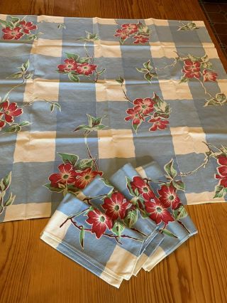 Vintage 50s Tablecloth Blue checked pattern & Red flowers & 4 napkins 32 x 35 