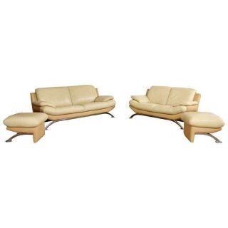 Contemporary Modern Roche Bobois Leather Chrome Sofa & Loveseat Pair Ottoman Set