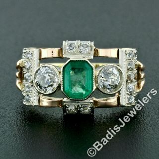 Antique 14k Rose Yellow Gold 1.  69ctw Emerald & Old European Diamond Band Ring