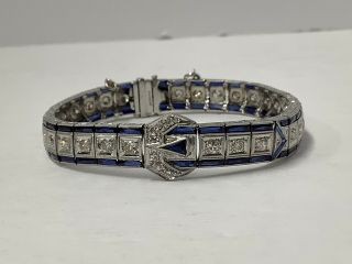 Art Deco Platinum Diamond Sapphire Bracelet.  Buckle Motif.  7 1/8” Long.  Antique