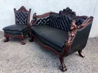 1890s Karpen Parlor Set.  Carved Mahogany Sofa/settee.  Leather.  Horner.