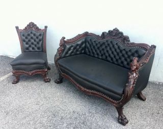 1890s Karpen Parlor Set.  Carved Mahogany Sofa/settee.  Leather.  Horner. 2