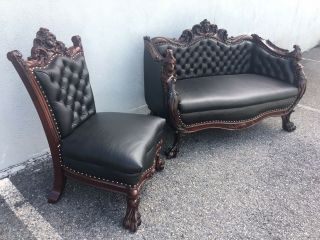 1890s Karpen Parlor Set.  Carved Mahogany Sofa/settee.  Leather.  Horner. 3