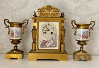 French Empire Louis Xvi Ormolu Bronze Sevres Porcelain Clock Garniture C1850’s