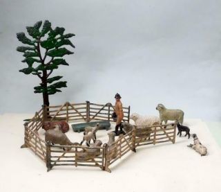 Vintage Britains Fences Sheep Lambs Crescent Farmer With Pail,  Tree 1922 - 1955