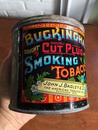 1920s BUCKINGHAM Cut Plug 1lb TOBACCO TIN Colorful Litho Graphics 3