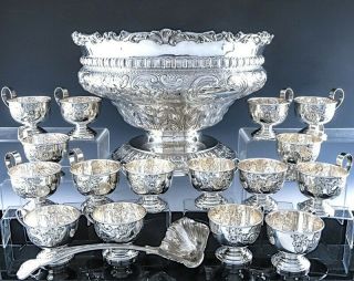 Amazng Huge Antique Repousse Silver Plate Centerpiece Punch Bowl Ladle & 16 Cups