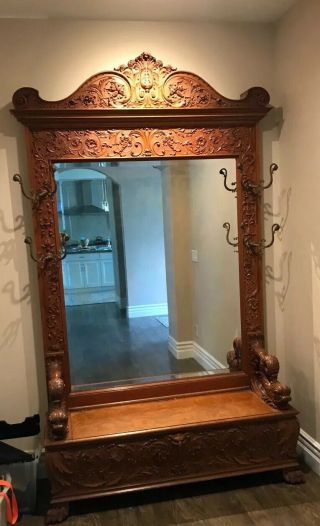 Antique Hall Tree With Bench And Mirror (hand - Carved)