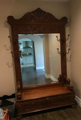 Antique Hall Tree with Bench And Mirror (hand - carved) 2