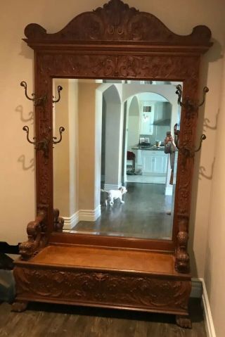 Antique Hall Tree with Bench And Mirror (hand - carved) 3