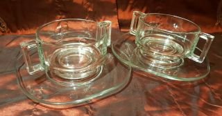 Vintage Mid Century Joe Colombo Italy 2 Handled Glass Soup Bowls And Plates Set